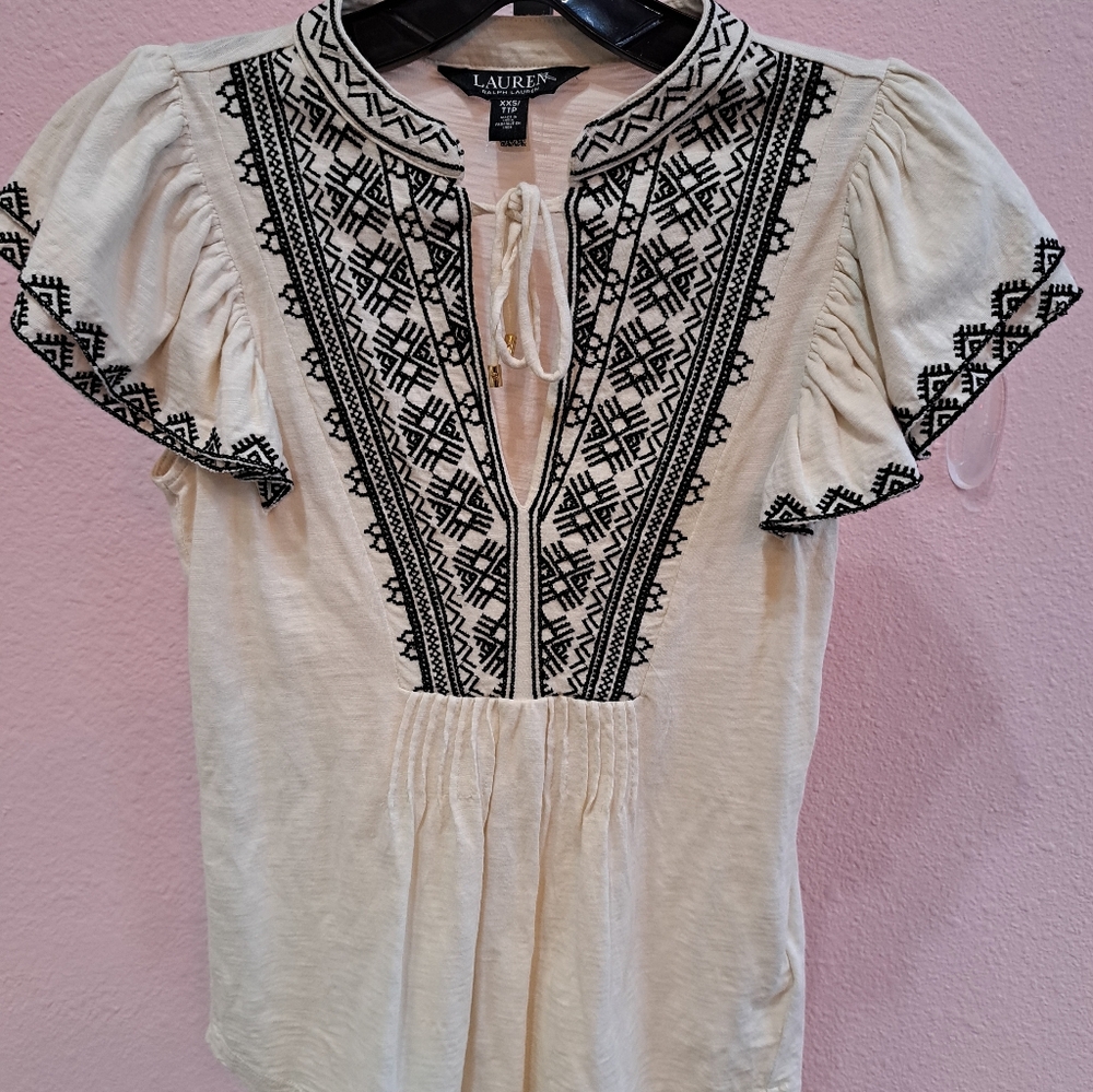 Ralph Lauren Cream Black Ruffle Sleeve XXS